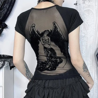 Gothic See Through Angel Graphic Print T-shirt for Women Goth Punk Slim Fit Sexy Mesh Y2k Long Sleeve Grunge Transparent