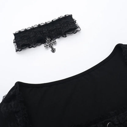 Goth Black Lace Trim Long Sleeve T-Shirts Vintage Sexy Lace-up Square Collar Tops with Choker Cross Women Autumn Tees