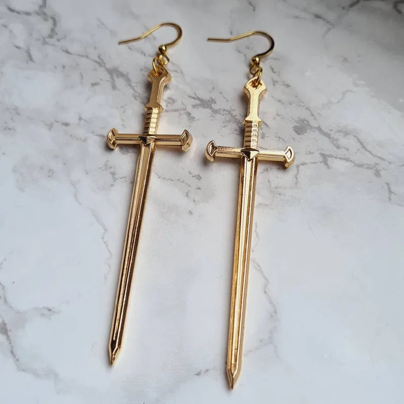 Golden Colour Goth Swords Earrings Long Gothic Medieval Tarot Viking Alternative Statement Women Men Gift Mystical Jewellery