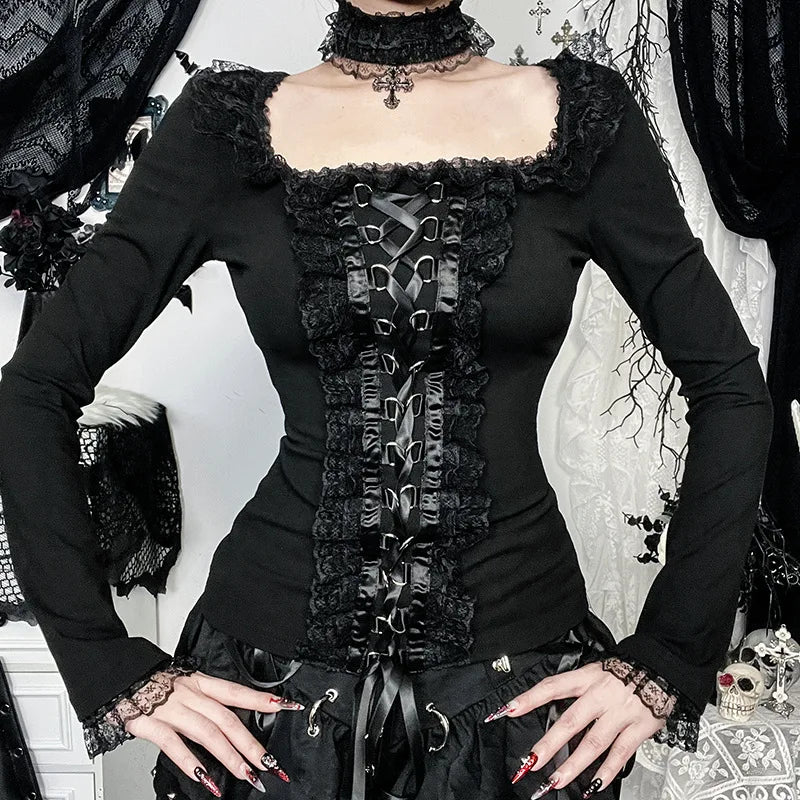 Goth Black Lace Trim Long Sleeve T-Shirts Vintage Sexy Lace-up Square Collar Tops with Choker Cross Women Autumn Tees