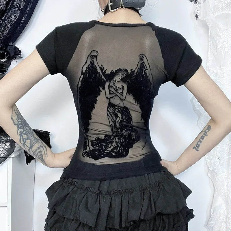Gothic See Through Angel Graphic Print T-shirt for Women Goth Punk Slim Fit Sexy Mesh Y2k Long Sleeve Grunge Transparent