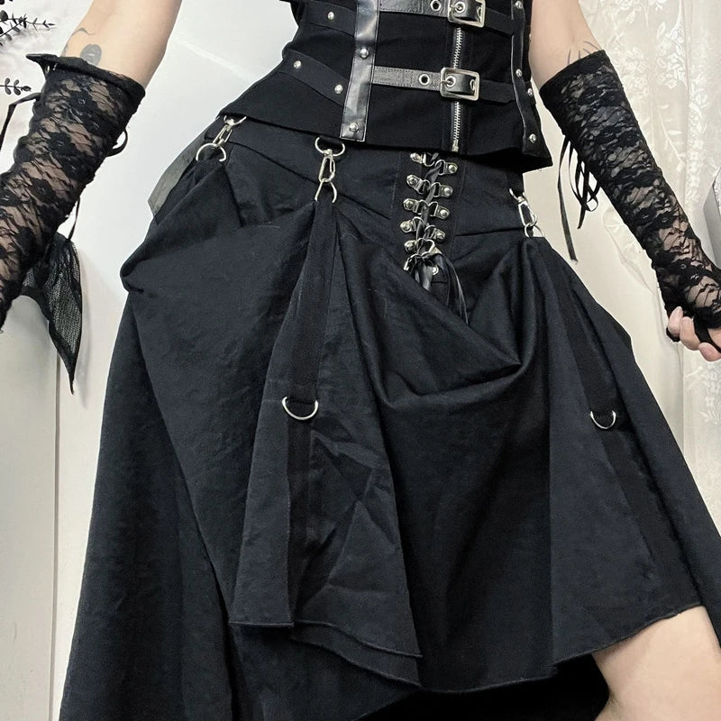 Goth Streetwear Gothic Skirt Women Harajuku Emo Alternative Grunge High Waist Bandage A-line Skirts Y2k E-girl Indie Clothes