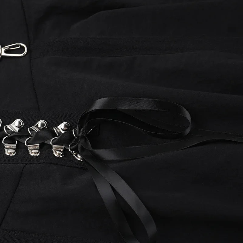 Goth Dark Acubi Fashion Black Swing A-line Skirt Punk Grunge Metal Buckle Streetwear Bandage Skirts Mall Gothic Alt Clother