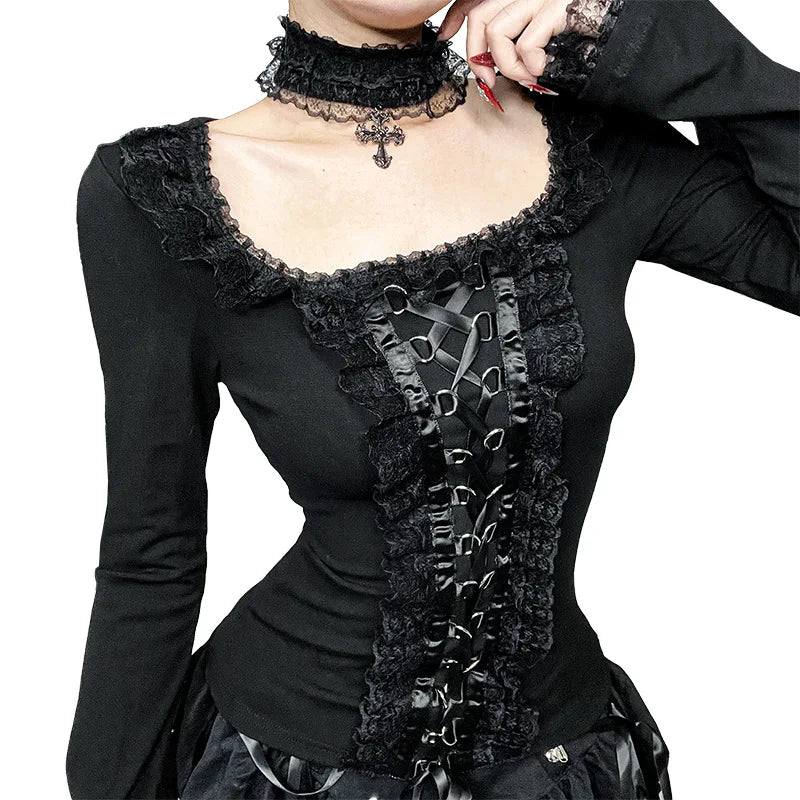 Goth Black Lace Trim Long Sleeve T-Shirts Vintage Sexy Lace-up Square Collar Tops with Choker Cross Women Autumn Tees