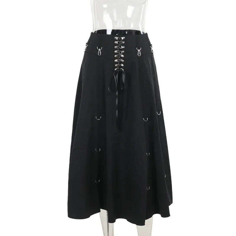 Goth Dark Acubi Fashion Black Swing A-line Skirt Punk Grunge Metal Buckle Streetwear Bandage Skirts Mall Gothic Alt Clother