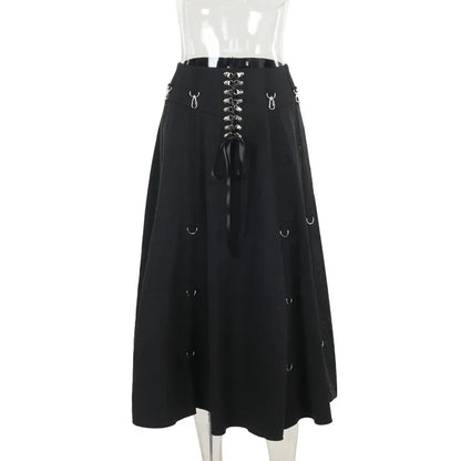 Goth Dark Acubi Fashion Black Swing A-line Skirt Punk Grunge Metal Buckle Streetwear Bandage Skirts Mall Gothic Alt Clother