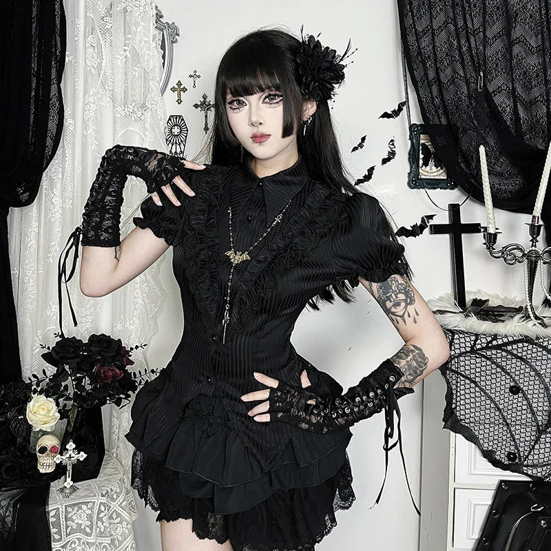 Goth Dark Kawaii Black Short Sleeve Buttons Shirt Lace-up Blouses Mall Gothic Slim Lapel Collar Stripe Shirts Women Alt Techwear
