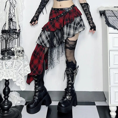AltGoth Harajuku Grunge Gothic Skirt Women Streetwear Punk Dark Plaid Patchwork Irregular Skirt Y2k E-girl Emo Alternative Skirt