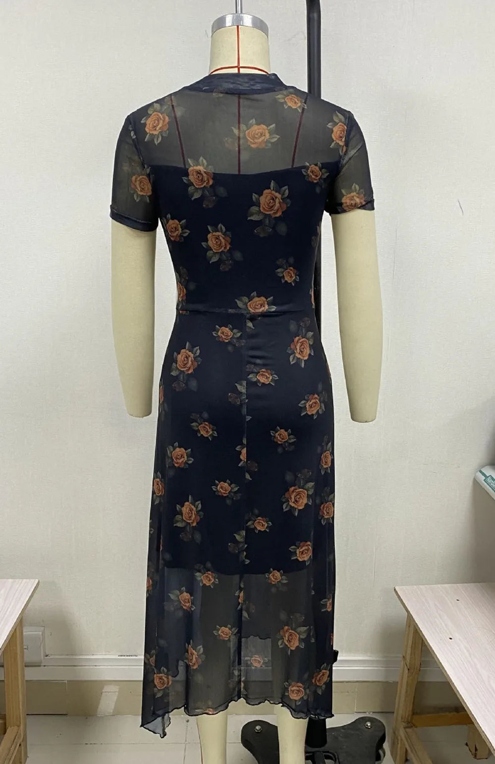 Goth Dark Elegant Fashion Florals Print Short Sleeve Mid Dress Fairy Grunge Mesh Patchwork Double Layer Dresses Gothic Techwear