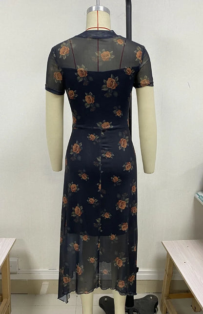 Goth Dark Elegant Fashion Florals Print Short Sleeve Mid Dress Fairy Grunge Mesh Patchwork Double Layer Dresses Gothic Techwear