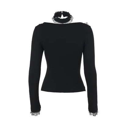 Goth Black Lace Trim Long Sleeve T-Shirts Vintage Sexy Lace-up Square Collar Tops with Choker Cross Women Autumn Tees