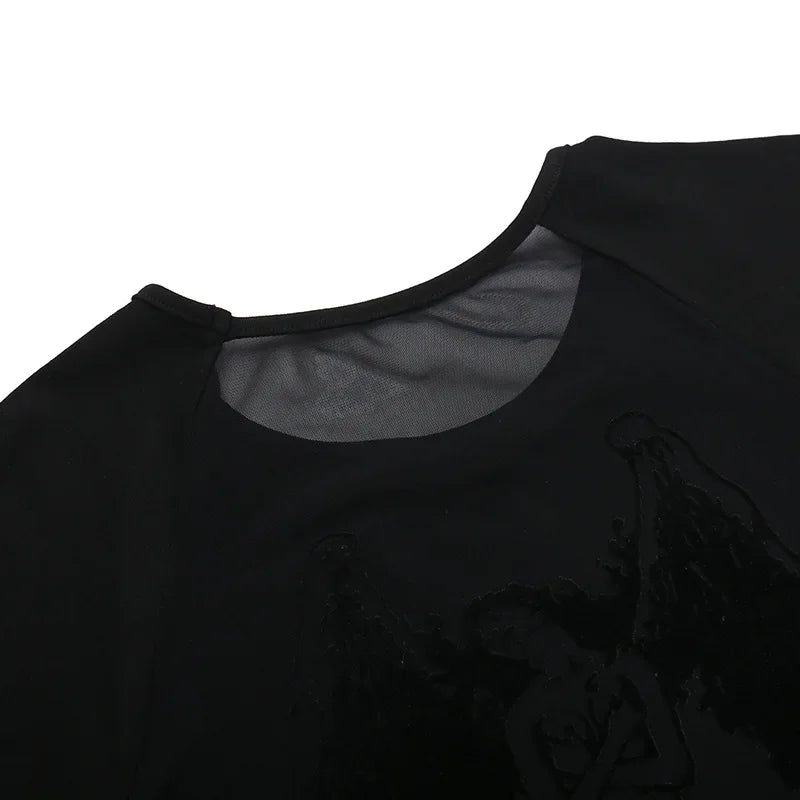 Gothic See Through Angel Graphic Print T-shirt for Women Goth Punk Slim Fit Sexy Mesh Y2k Long Sleeve Grunge Transparent