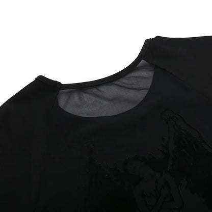 Gothic See Through Angel Graphic Print T-shirt for Women Goth Punk Slim Fit Sexy Mesh Y2k Long Sleeve Grunge Transparent
