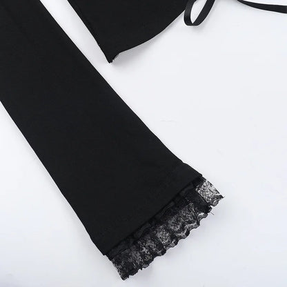 Goth Black Lace Trim Long Sleeve T-Shirts Vintage Sexy Lace-up Square Collar Tops with Choker Cross Women Autumn Tees