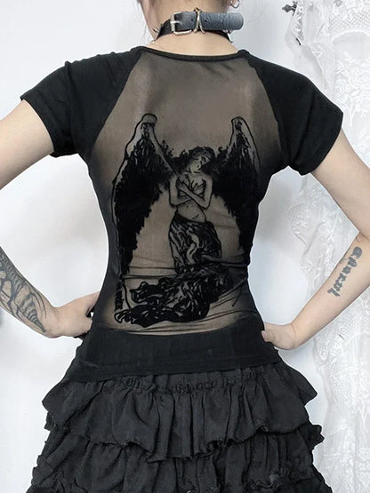 Gothic See Through Angel Graphic Print T-shirt for Women Goth Punk Slim Fit Sexy Mesh Y2k Long Sleeve Grunge Transparent