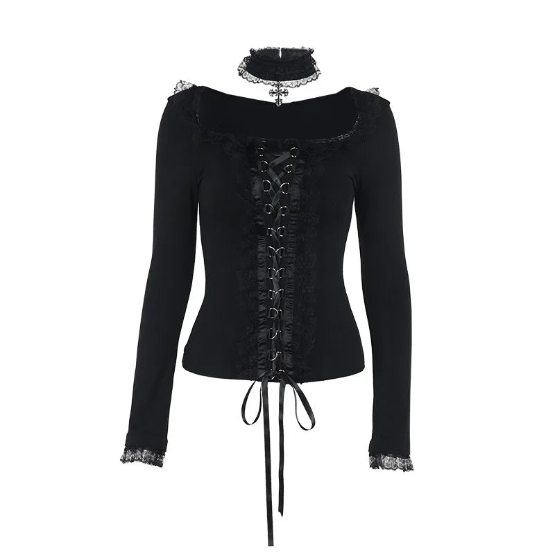 Goth Black Lace Trim Long Sleeve T-Shirts Vintage Sexy Lace-up Square Collar Tops with Choker Cross Women Autumn Tees