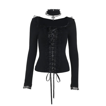 Goth Black Lace Trim Long Sleeve T-Shirts Vintage Sexy Lace-up Square Collar Tops with Choker Cross Women Autumn Tees