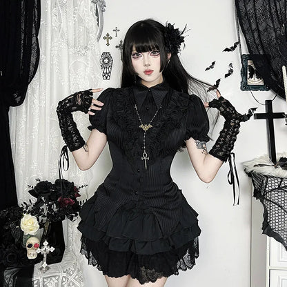 Goth Dark Kawaii Black Short Sleeve Buttons Shirt Lace-up Blouses Mall Gothic Slim Lapel Collar Stripe Shirts Women Alt Techwear