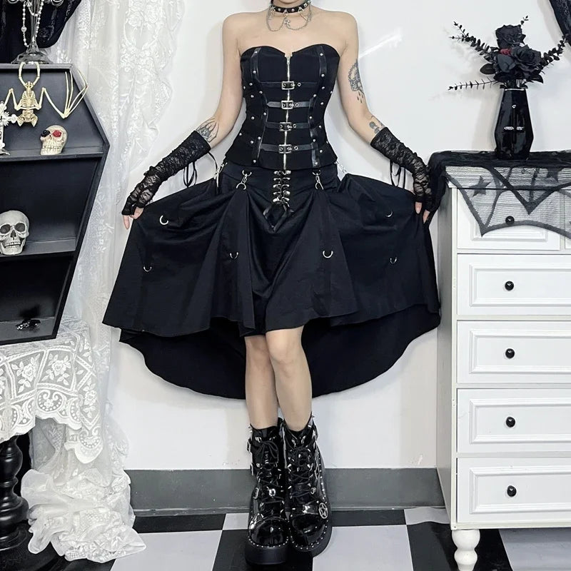Goth Dark Acubi Fashion Black Swing A-line Skirt Punk Grunge Metal Buckle Streetwear Bandage Skirts Mall Gothic Alt Clother