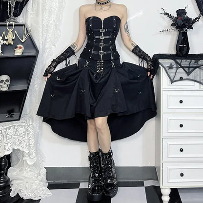 Goth Dark Acubi Fashion Black Swing A-line Skirt Punk Grunge Metal Buckle Streetwear Bandage Skirts Mall Gothic Alt Clother